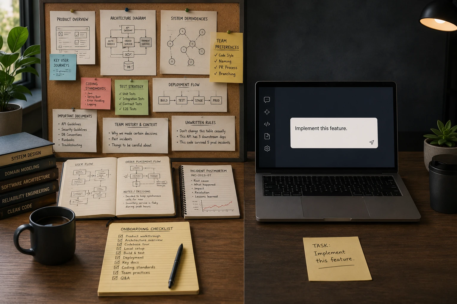 A modern software engineering desk showing many organized context documents on one side and a coding assistant interface with minimal context on the other.